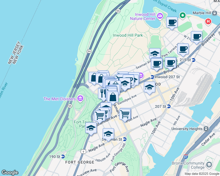 map of restaurants, bars, coffee shops, grocery stores, and more near 9 Seaman Avenue in New York