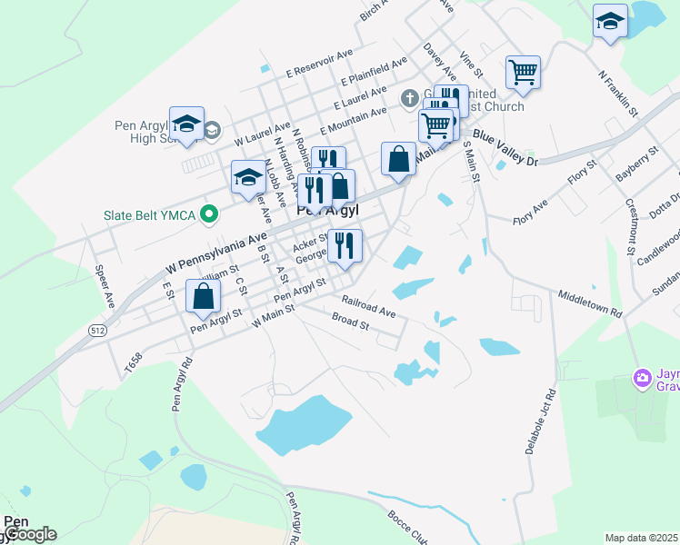 map of restaurants, bars, coffee shops, grocery stores, and more near 5 Pen Argyl Street in Pen Argyl