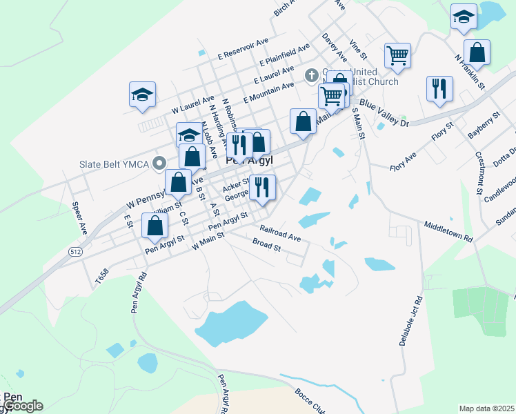 map of restaurants, bars, coffee shops, grocery stores, and more near 5 Pen Argyl Street in Pen Argyl
