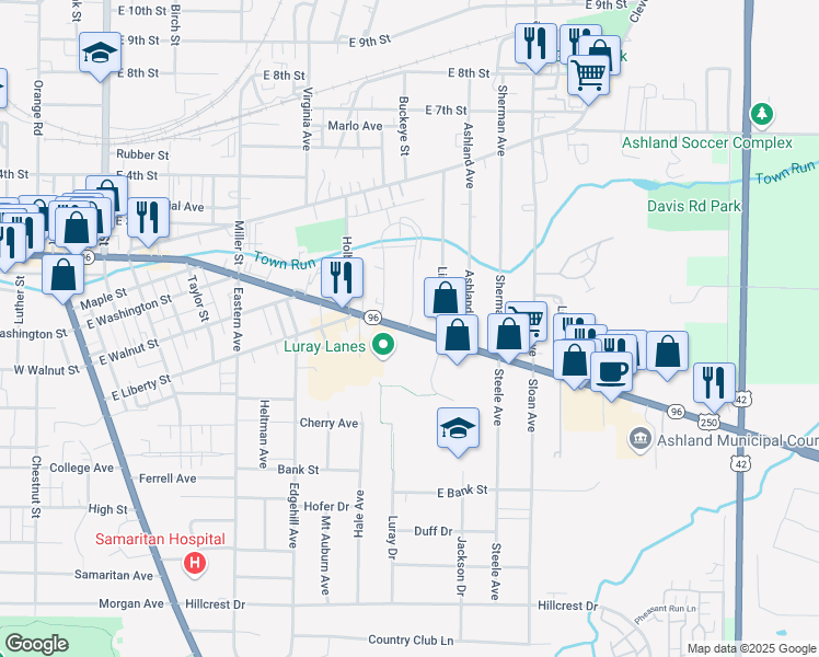 map of restaurants, bars, coffee shops, grocery stores, and more near East Main Street in Ashland
