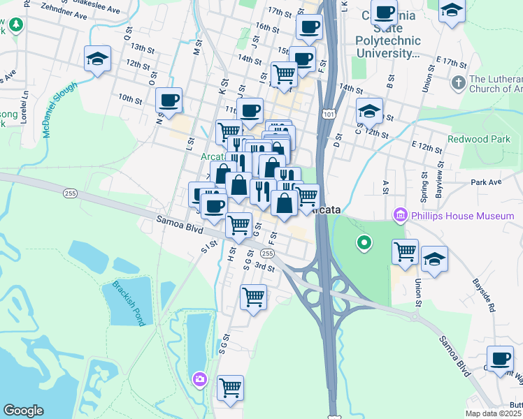 map of restaurants, bars, coffee shops, grocery stores, and more near 589 F Street in Arcata