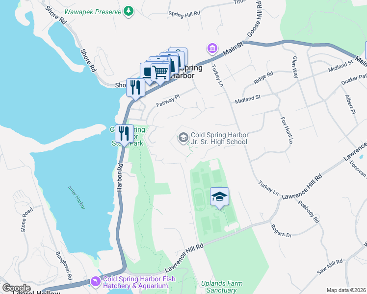 map of restaurants, bars, coffee shops, grocery stores, and more near 1 Erick Court in Cold Spring Harbor