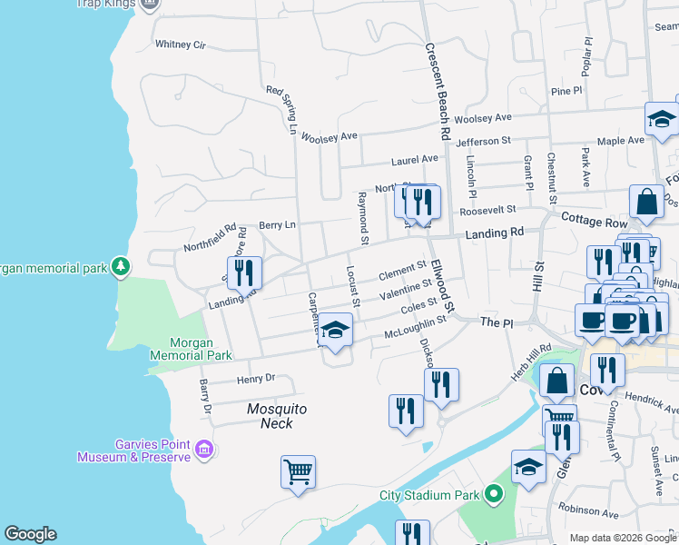map of restaurants, bars, coffee shops, grocery stores, and more near 52 Clement Street in Glen Cove