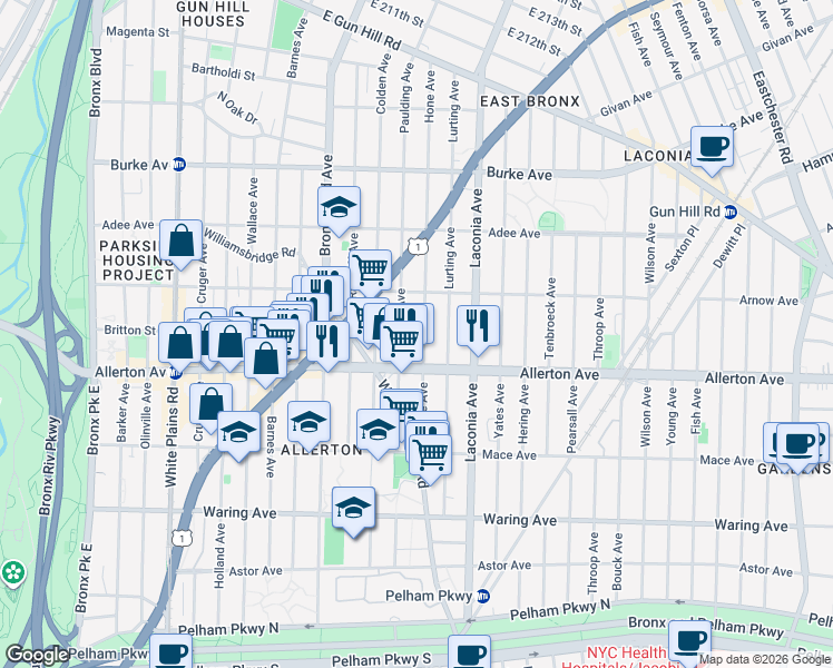 map of restaurants, bars, coffee shops, grocery stores, and more near 2710 Paulding Avenue in Bronx