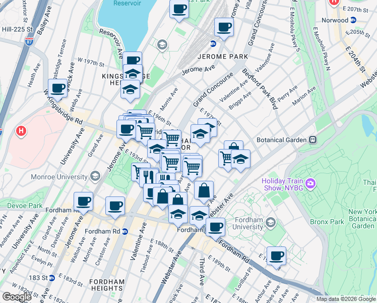 map of restaurants, bars, coffee shops, grocery stores, and more near in The Bronx