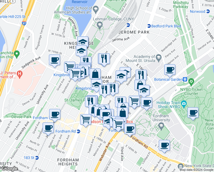 map of restaurants, bars, coffee shops, grocery stores, and more near in The Bronx