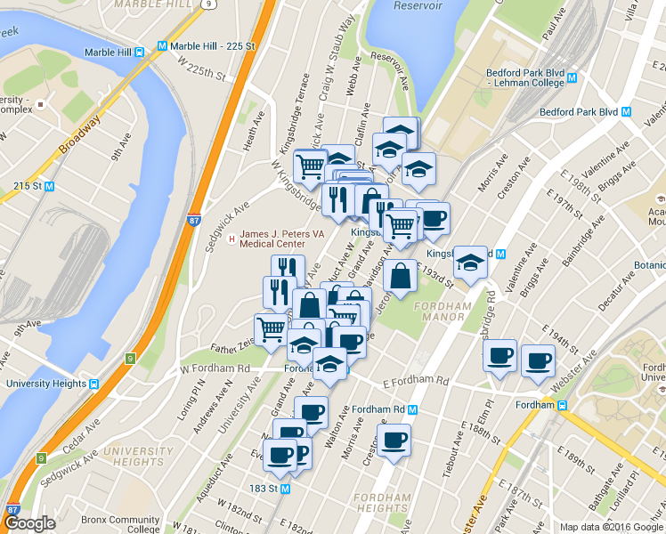 map of restaurants, bars, coffee shops, grocery stores, and more near 2541 Aqueduct Avenue in Bronx