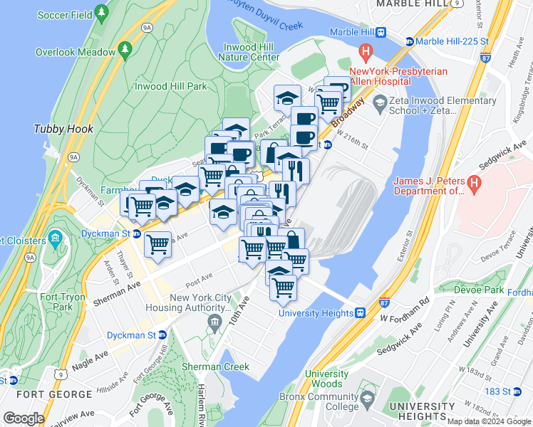 map of restaurants, bars, coffee shops, grocery stores, and more near 516 Isham Street in New York