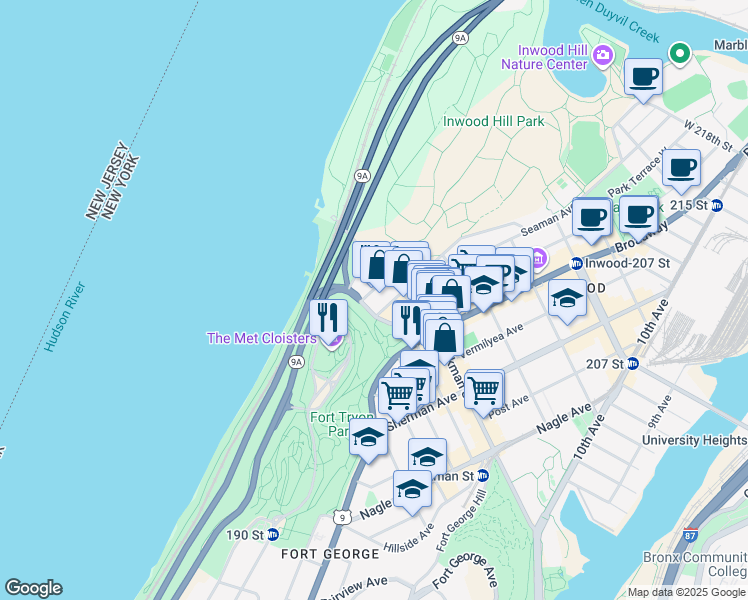 map of restaurants, bars, coffee shops, grocery stores, and more near 1803 Riverside Drive in New York