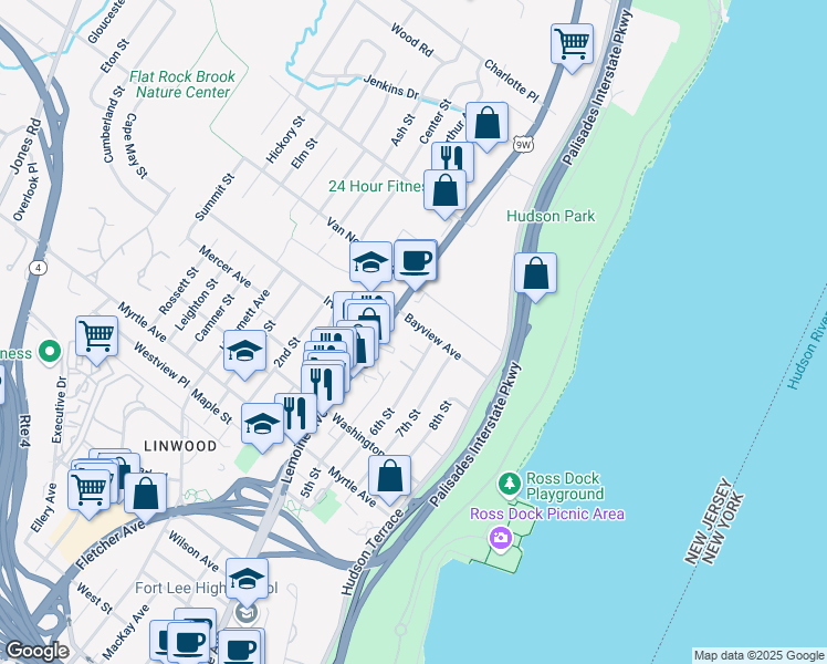 map of restaurants, bars, coffee shops, grocery stores, and more near 24B Sylvan Avenue in Englewood Cliffs