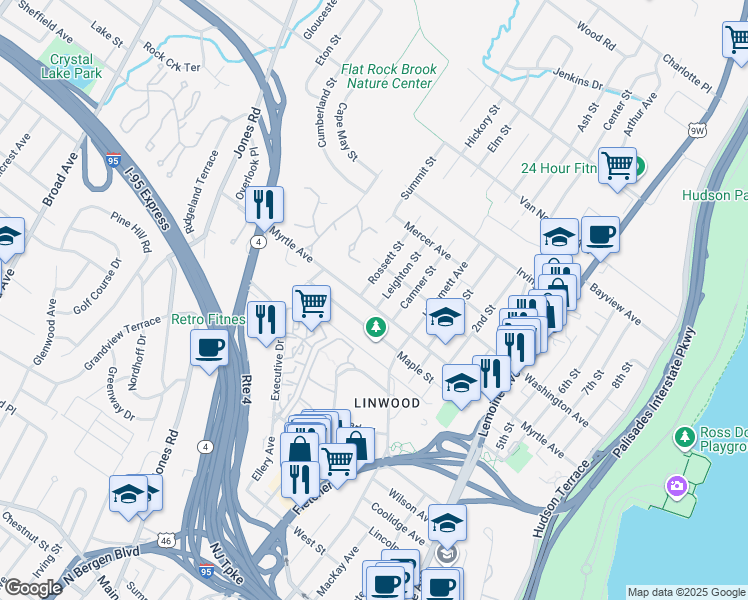 map of restaurants, bars, coffee shops, grocery stores, and more near 485 Westview Place in Fort Lee