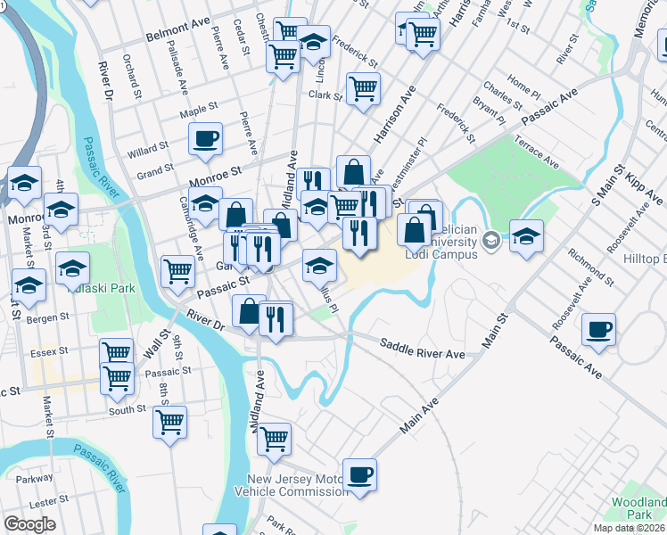 map of restaurants, bars, coffee shops, grocery stores, and more near 58 Marsellus Place in Garfield