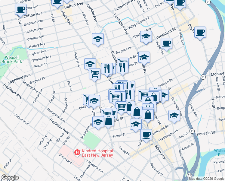 map of restaurants, bars, coffee shops, grocery stores, and more near 213 Chestnut Street in Passaic