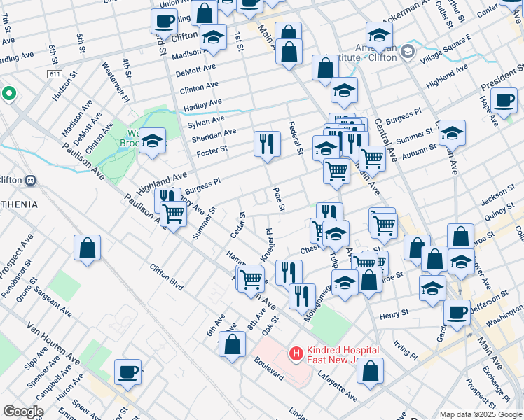 map of restaurants, bars, coffee shops, grocery stores, and more near 555 McKinley Street in Passaic
