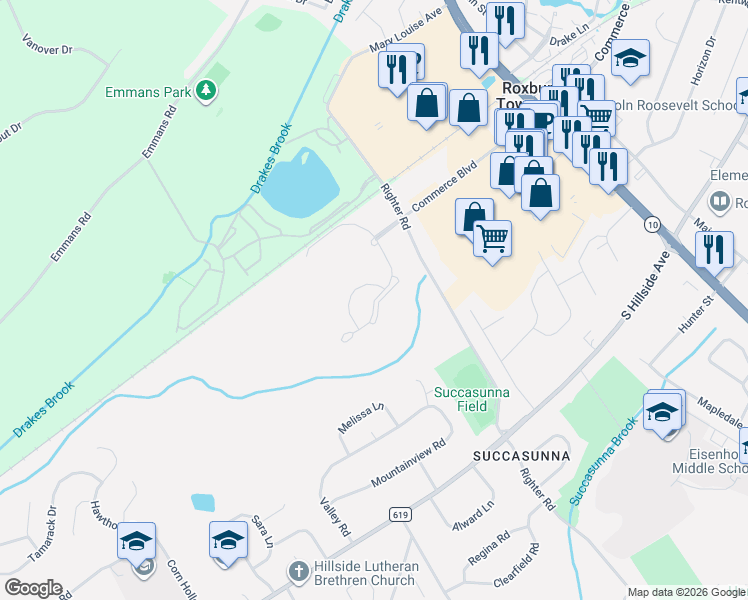 map of restaurants, bars, coffee shops, grocery stores, and more near 179 Woods Edge Drive in Roxbury Township