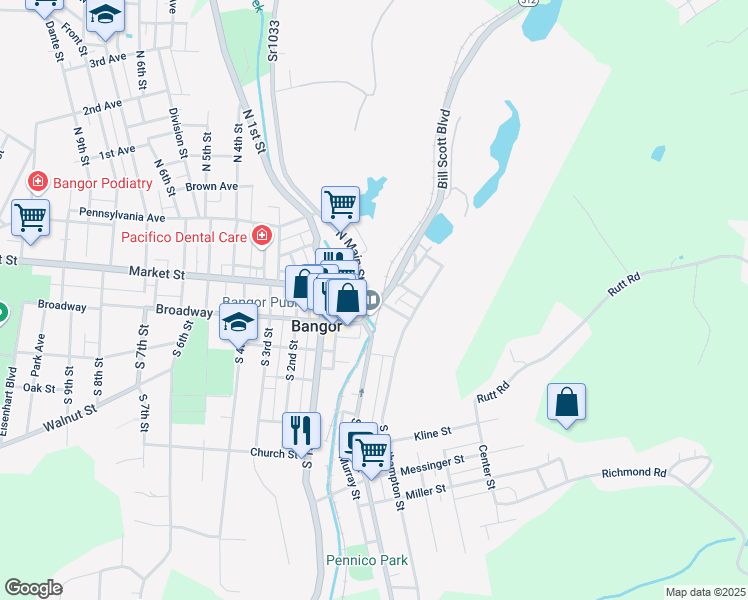 map of restaurants, bars, coffee shops, grocery stores, and more near 41 South Main Street in Bangor