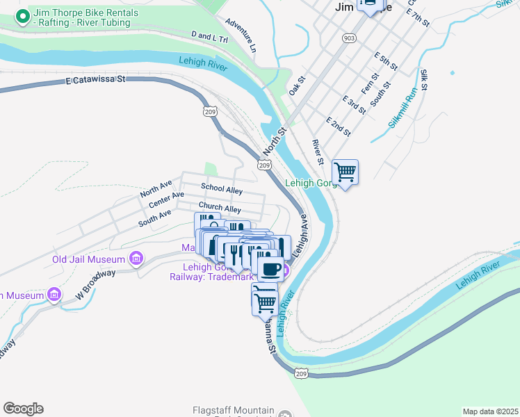 map of restaurants, bars, coffee shops, grocery stores, and more near 120 South Avenue in Jim Thorpe