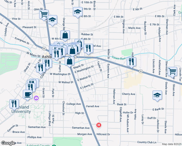 map of restaurants, bars, coffee shops, grocery stores, and more near 145 East Walnut Street in Ashland