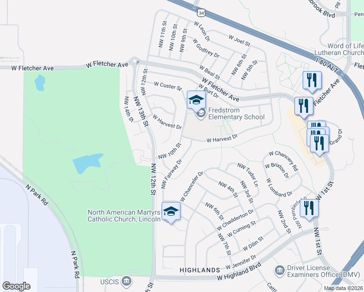 map of restaurants, bars, coffee shops, grocery stores, and more near 5549 Northwest Fairway Drive in Lincoln
