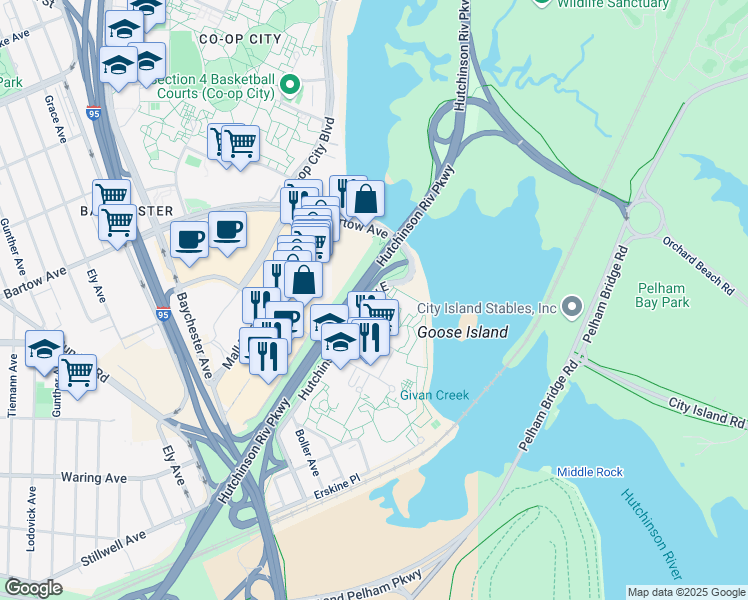 map of restaurants, bars, coffee shops, grocery stores, and more near 4180 Hutchinson River Parkway East in Bronx
