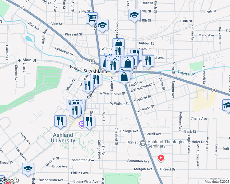 map of restaurants, bars, coffee shops, grocery stores, and more near 119 West Washington Street in Ashland