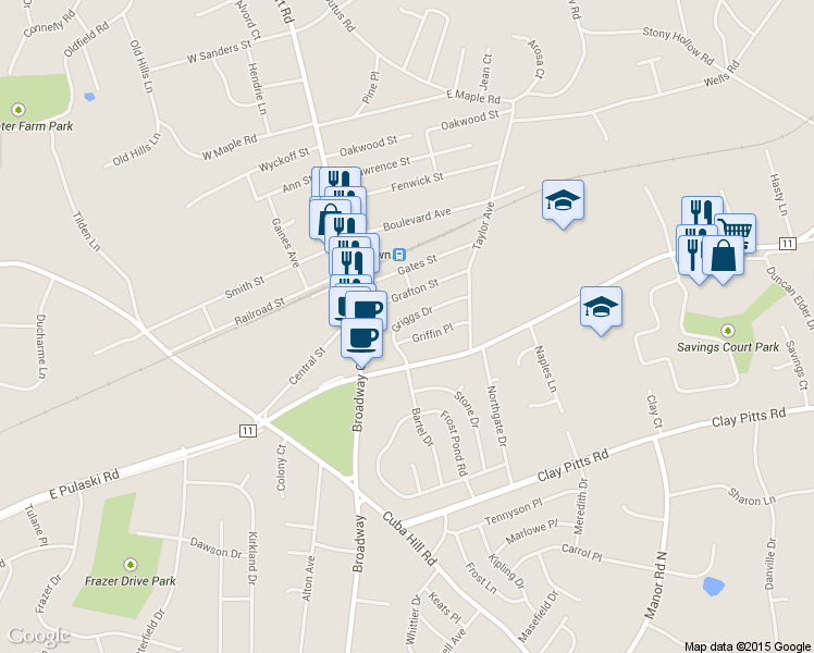 map of restaurants, bars, coffee shops, grocery stores, and more near 4 Griffin Place in Greenlawn