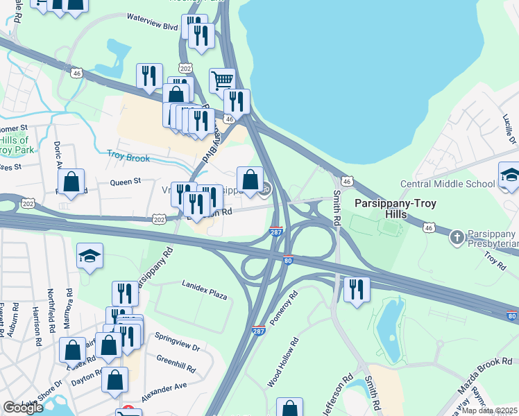 map of restaurants, bars, coffee shops, grocery stores, and more near 169 Littleton Road in Parsippany-Troy Hills