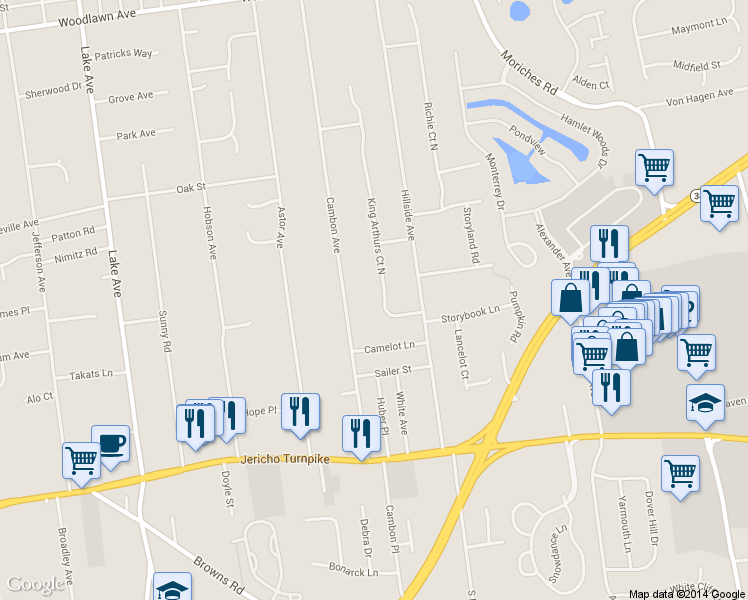 map of restaurants, bars, coffee shops, grocery stores, and more near 14 King Arthurs Court in St. James