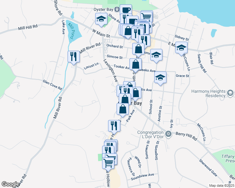 map of restaurants, bars, coffee shops, grocery stores, and more near 10 Adams Court in Oyster Bay
