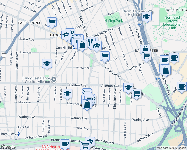 map of restaurants, bars, coffee shops, grocery stores, and more near 1528 Bantam Place in Bronx