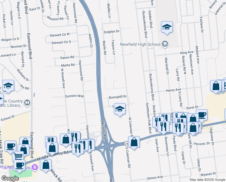 map of restaurants, bars, coffee shops, grocery stores, and more near 10 Shamrock Lane in Centereach