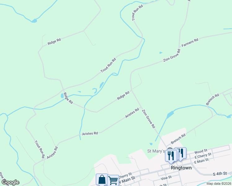 map of restaurants, bars, coffee shops, grocery stores, and more near 22 Ridge Road in Ringtown