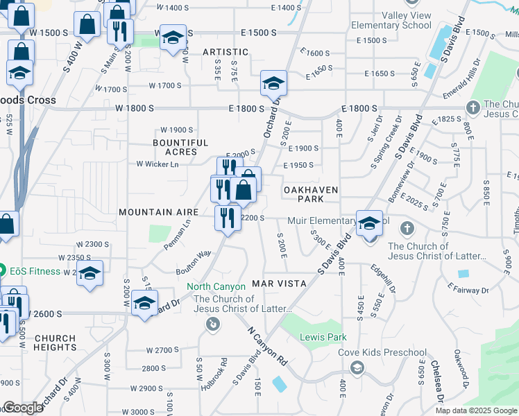 map of restaurants, bars, coffee shops, grocery stores, and more near 2150 Orchard Pines Loop East in Bountiful