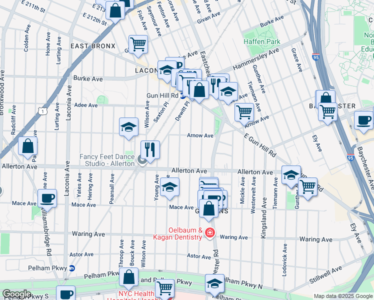 map of restaurants, bars, coffee shops, grocery stores, and more near 2720 Morgan Avenue in Bronx