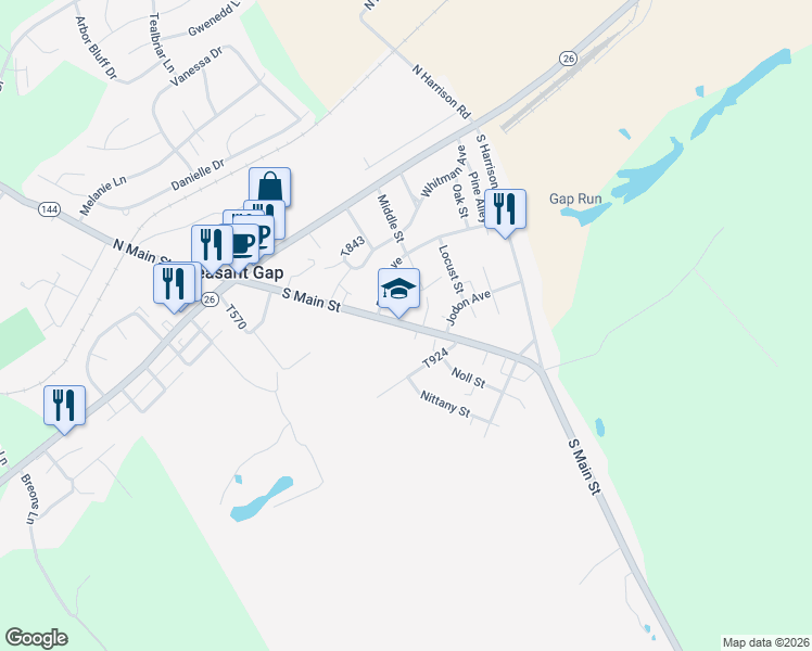 map of restaurants, bars, coffee shops, grocery stores, and more near 230 South Main Street in Pleasant Gap