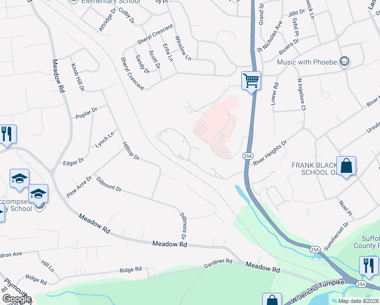 map of restaurants, bars, coffee shops, grocery stores, and more near 1001 Bishops Road in Smithtown