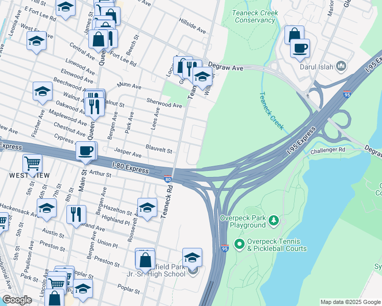 map of restaurants, bars, coffee shops, grocery stores, and more near 86 East Maple Street in Teaneck