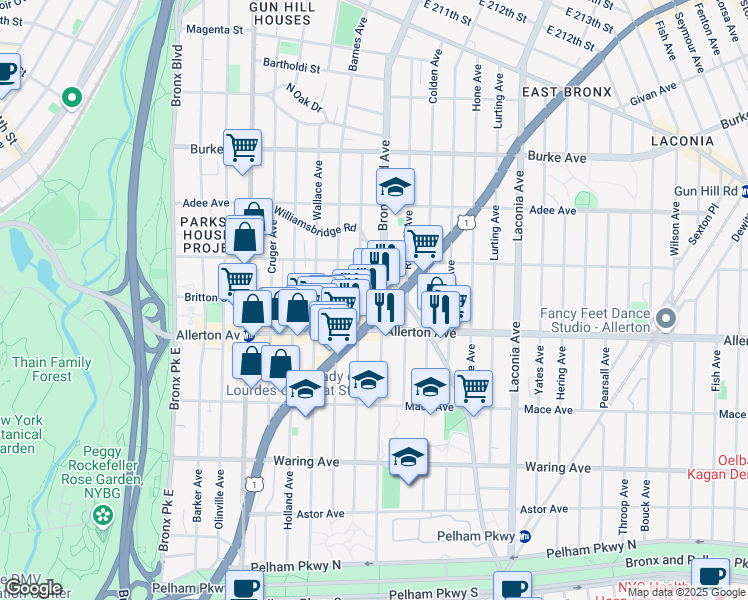 map of restaurants, bars, coffee shops, grocery stores, and more near 2709 Williamsbridge Road in The Bronx
