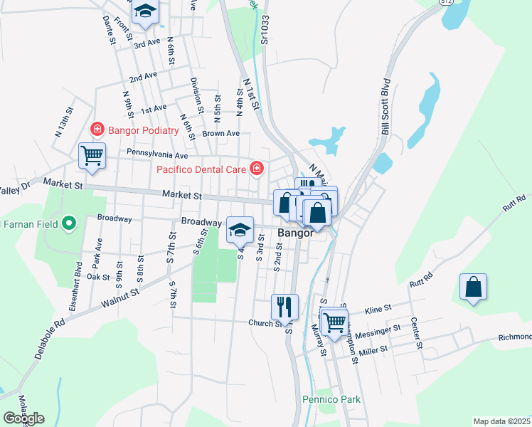 map of restaurants, bars, coffee shops, grocery stores, and more near 25 South 3rd Street in Bangor