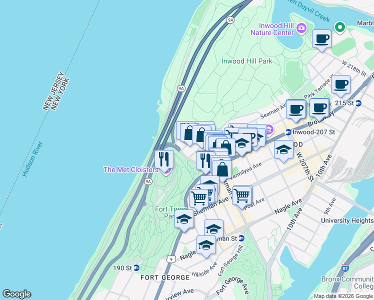 map of restaurants, bars, coffee shops, grocery stores, and more near 1803 Riverside Drive in New York