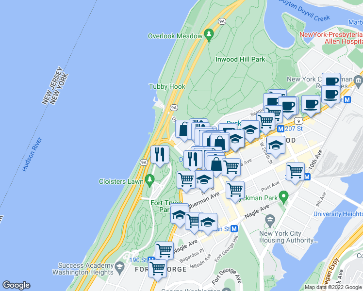 map of restaurants, bars, coffee shops, grocery stores, and more near 1803 Riverside Drive in New York