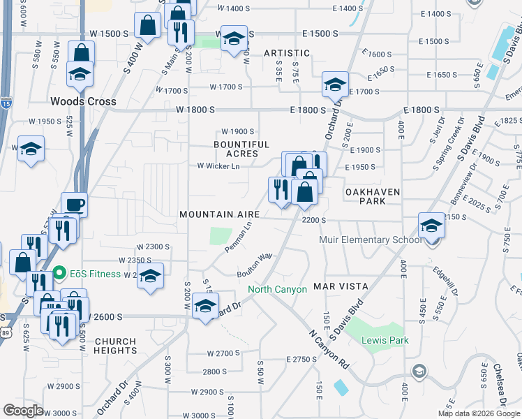 map of restaurants, bars, coffee shops, grocery stores, and more near 2183 Penman Lane in Bountiful