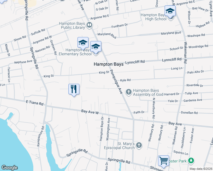 map of restaurants, bars, coffee shops, grocery stores, and more near 15 Hampton Road in Hampton Bays