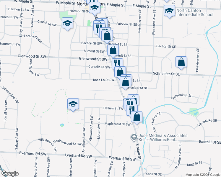 map of restaurants, bars, coffee shops, grocery stores, and more near 122 James Street Southwest in North Canton