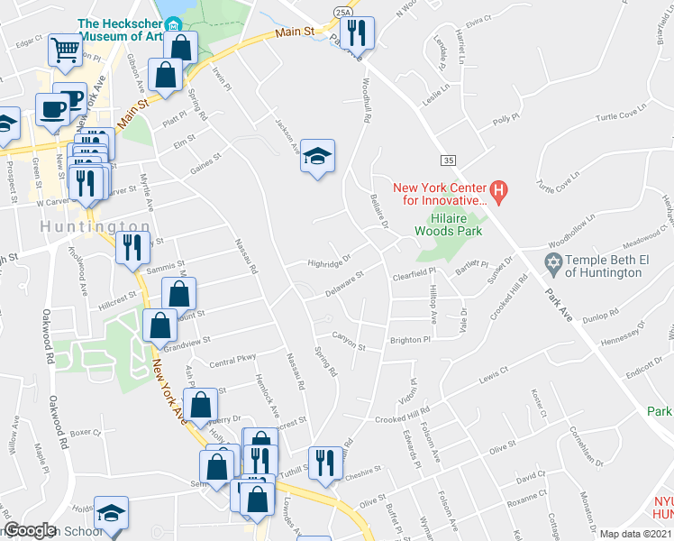 map of restaurants, bars, coffee shops, grocery stores, and more near 12 Highridge Drive in Huntington