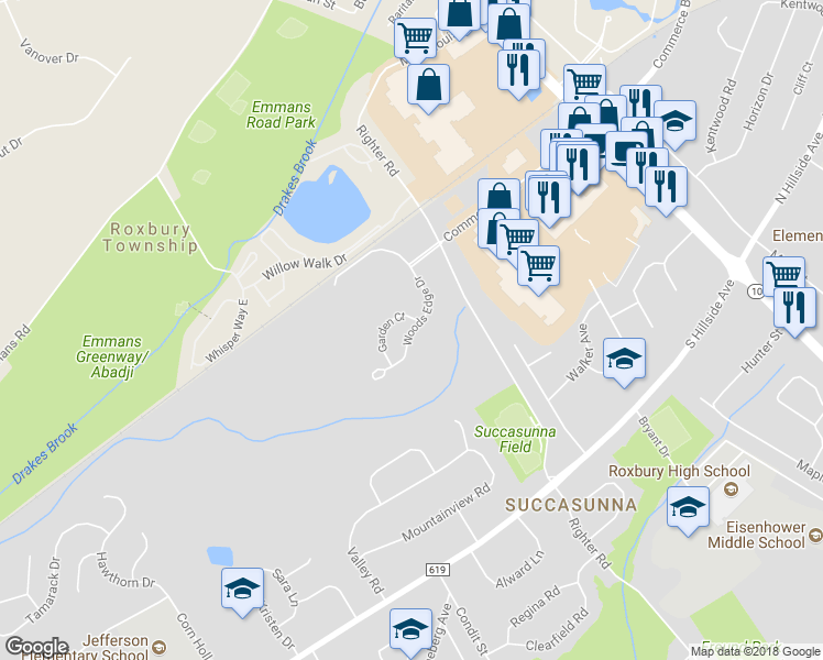 map of restaurants, bars, coffee shops, grocery stores, and more near 238 Woods Edge Drive in Roxbury Township