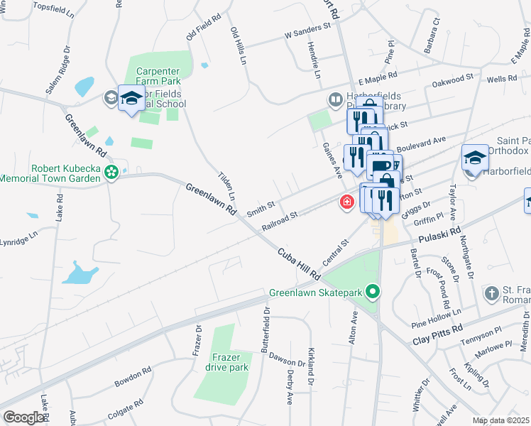 map of restaurants, bars, coffee shops, grocery stores, and more near 73 Railroad Street in Greenlawn