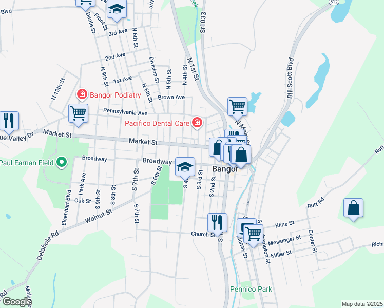 map of restaurants, bars, coffee shops, grocery stores, and more near 23 South 4th Street in Bangor