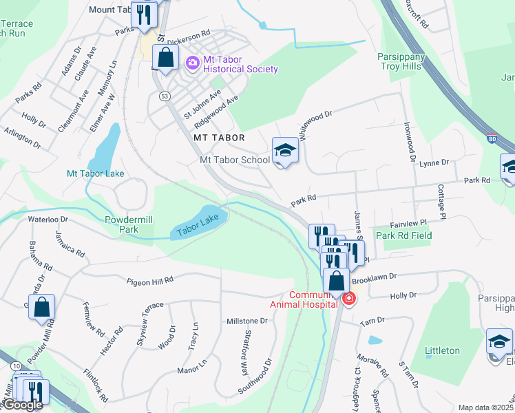 map of restaurants, bars, coffee shops, grocery stores, and more near 521 Powder Mill Road in Morris Plains