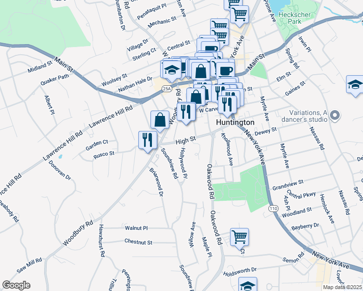 map of restaurants, bars, coffee shops, grocery stores, and more near 96 High Street in Huntington